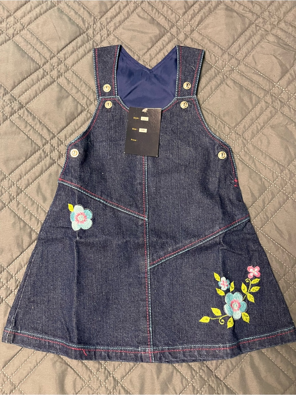 Toddler Dark Blue Denim Dress with Floral Embroidery - 12 months